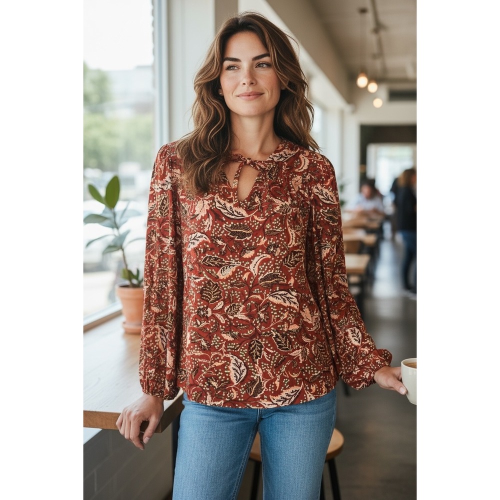 Jessica Simpson Womens Blouse Top Large Red Brown Floral Keyhole Long Sleeve